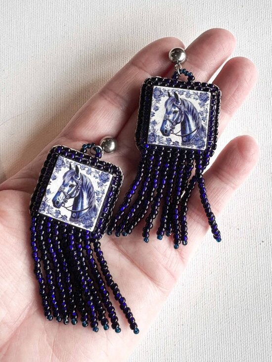 Handmade Jewelry - Handmade Blue Horse Ceramic Fringe Statement Earrings